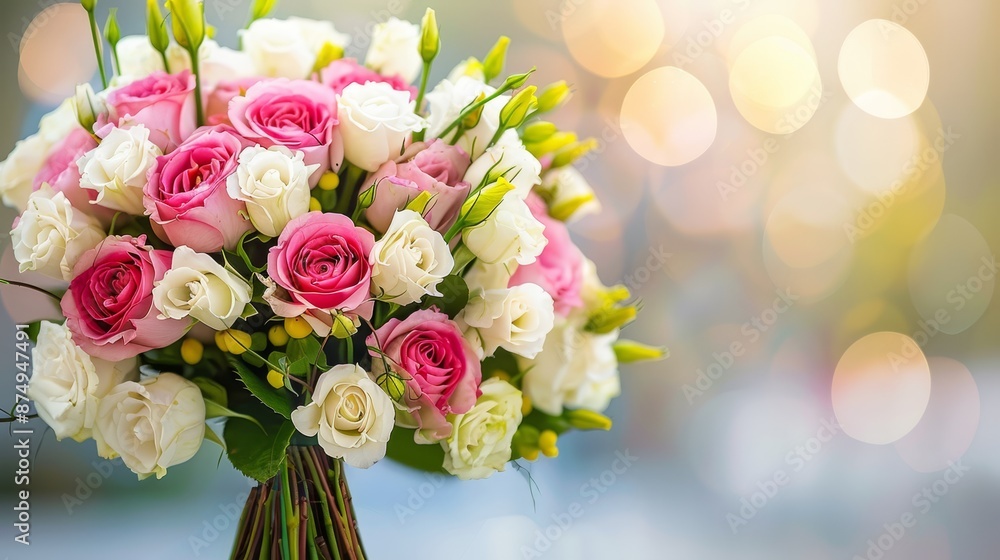 Stunning bouquet of pink and white roses with lush greenery, creating a vibrant and elegant floral arrangement. Perfect for weddings and special occasions. Stunning bouquet of pink and white roses with lush greenery, creating a vibrant and elegant floral arrangement. Perfect for weddings and special occasions.