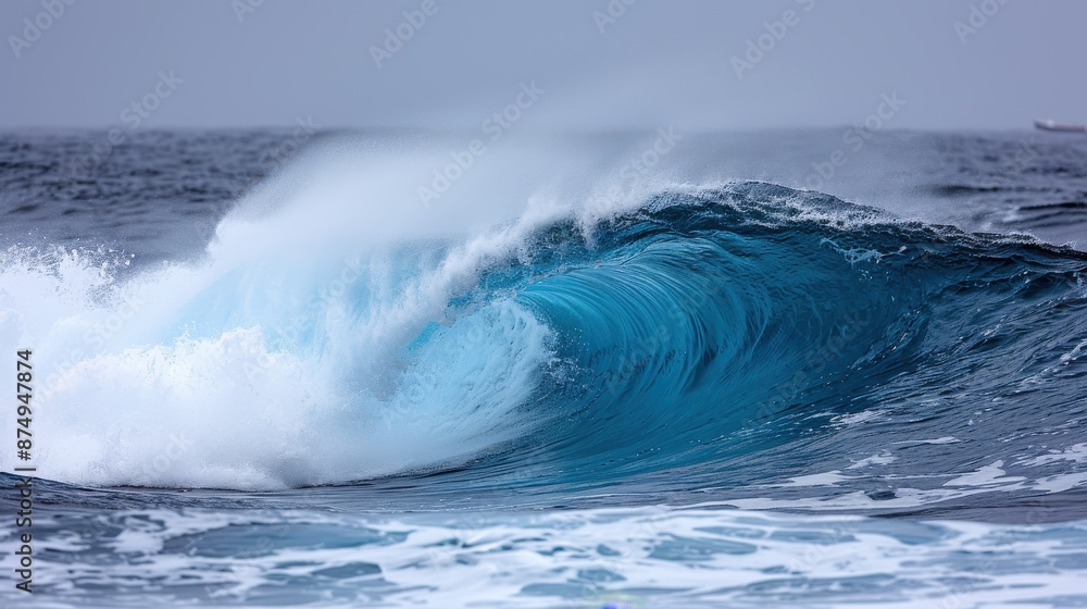 Fototapeta premium A powerful ocean wave crashing dramatically under a cloudy sky