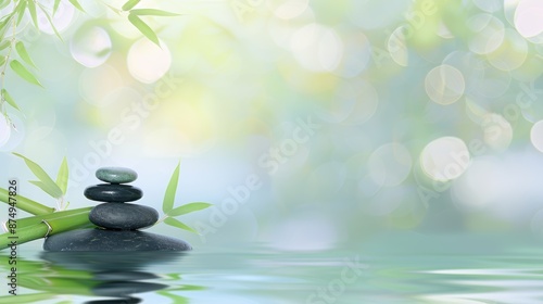 Stacked black stones in water with bamboo leaves and soft bokeh lights in the background. Zen and relaxation concept.