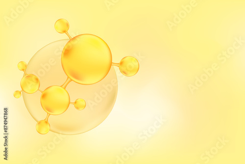 Gold collagen molecule peptide or hyaluronic acid. Vitamin solution complex with Chemical formula from nature. Yellow watercolor gradient background for beauty treatment, nutrition skin care