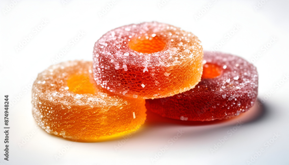 Close Up of Three Orange and Red Gummy Candies on White Background Close Up of Three Orange and Red Gummy Candies on White Background