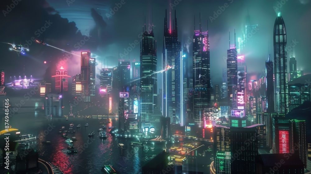Futuristic cyberpunk city with skyscrapers, flying cars, and neon lights in high quality night shot Futuristic cyberpunk city with skyscrapers, flying cars, and neon lights in high quality night shot