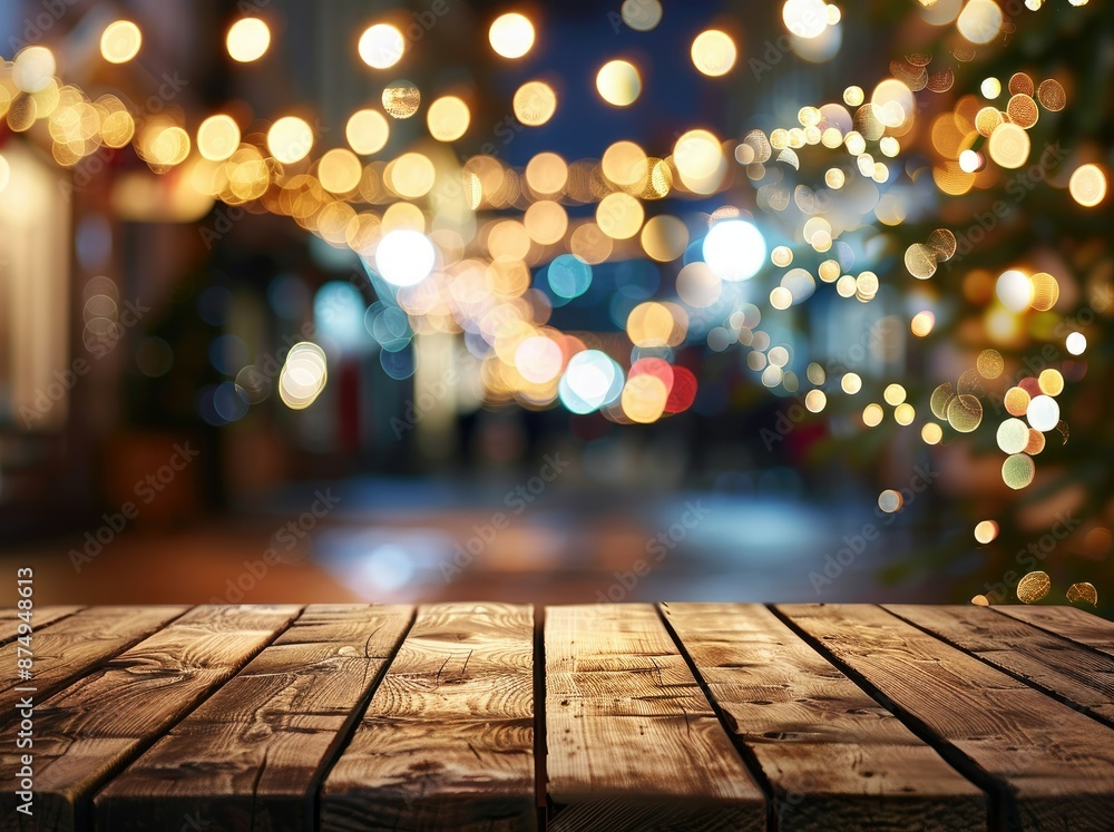 Wooden Tabletop with Festive Lights in Blur Wooden Tabletop with Festive Lights in Blur