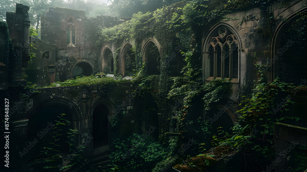 A dark, abandoned building with vines growing up the walls A dark, abandoned building with vines growing up the walls