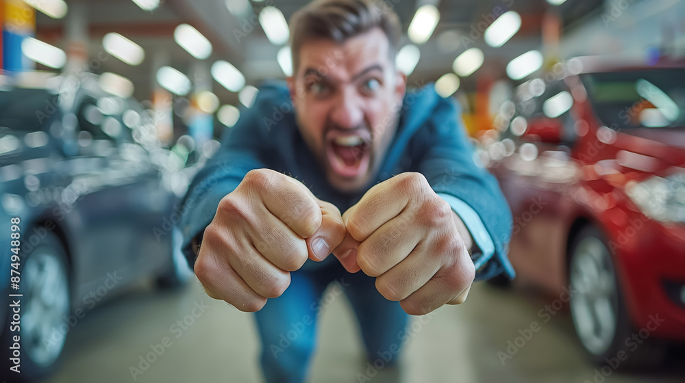 Angry man with clenched fists, yelling in a car showroom, surrounded by vehicles, displaying intense emotion and frustration Angry man with clenched fists, yelling in a car showroom, surrounded by vehicles, displaying intense emotion and frustration