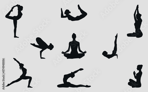 Yoga poses. 9 pieces. Vector. Black silhouettes on gray background