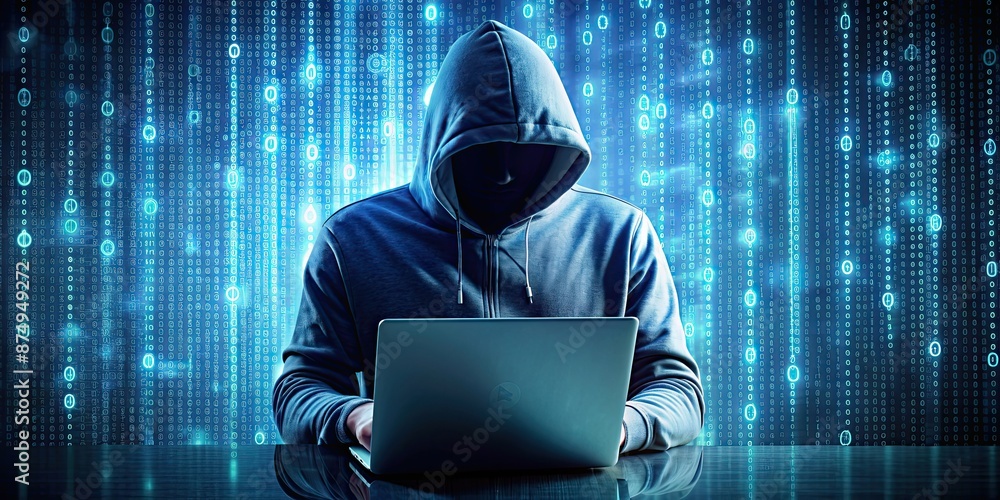 Hacker in action, typing on laptop with digital code and binary numbers, cyber security, technology, computer Hacker in action, typing on laptop with digital code and binary numbers, cyber security, technology, computer