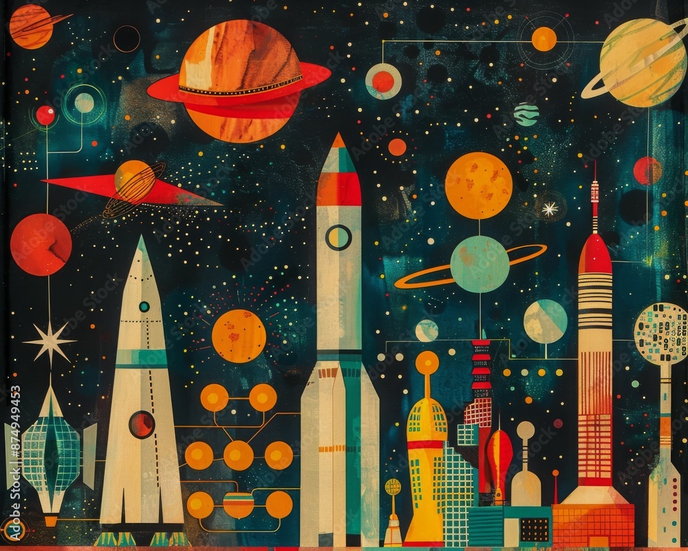 Retro rocketship and planets in space. Rocketship and planets in space. Retro space art. Retro rocketship and planets in space. Rocketship and planets in space. Retro space art.