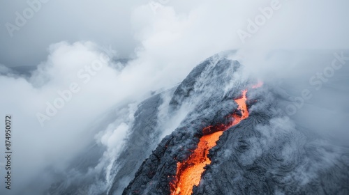 An image depicting the eruption of a volcano, showcasing glowing lava flowing amidst a dense smoky atmosphere, highlighting the intense and powerful forces of nature.