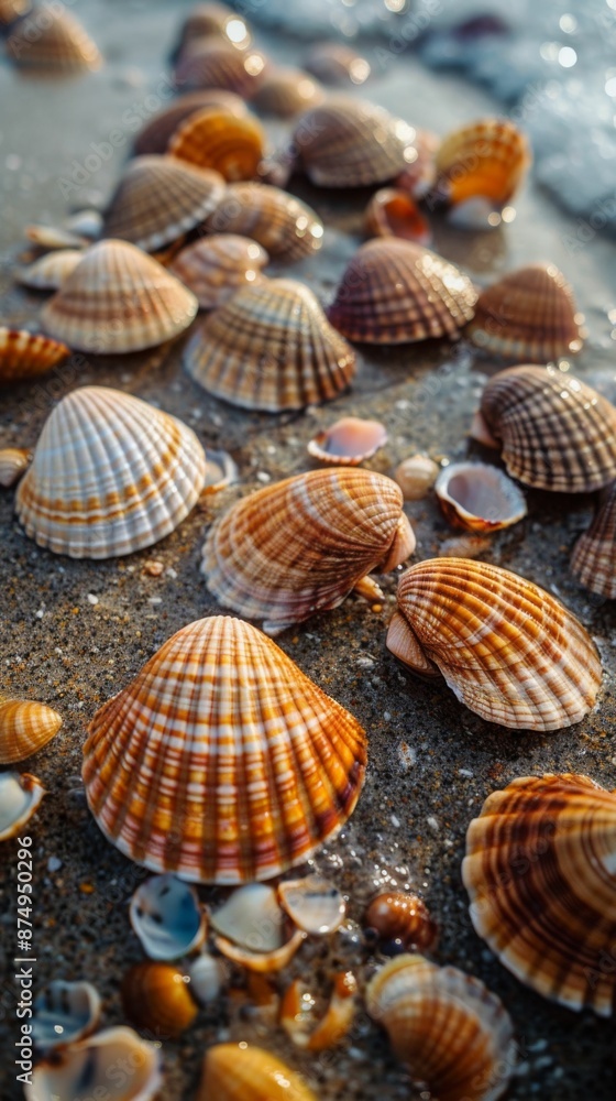The photo shows a lot of seashells scattered on the beach The photo shows a lot of seashells scattered on the beach