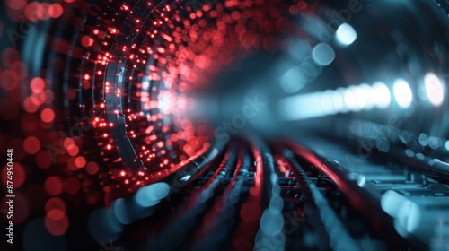 In the image, a futuristic tunnel glows with red and blue lights, filled with interconnected cables suggesting advanced technology and communication pathways. photo