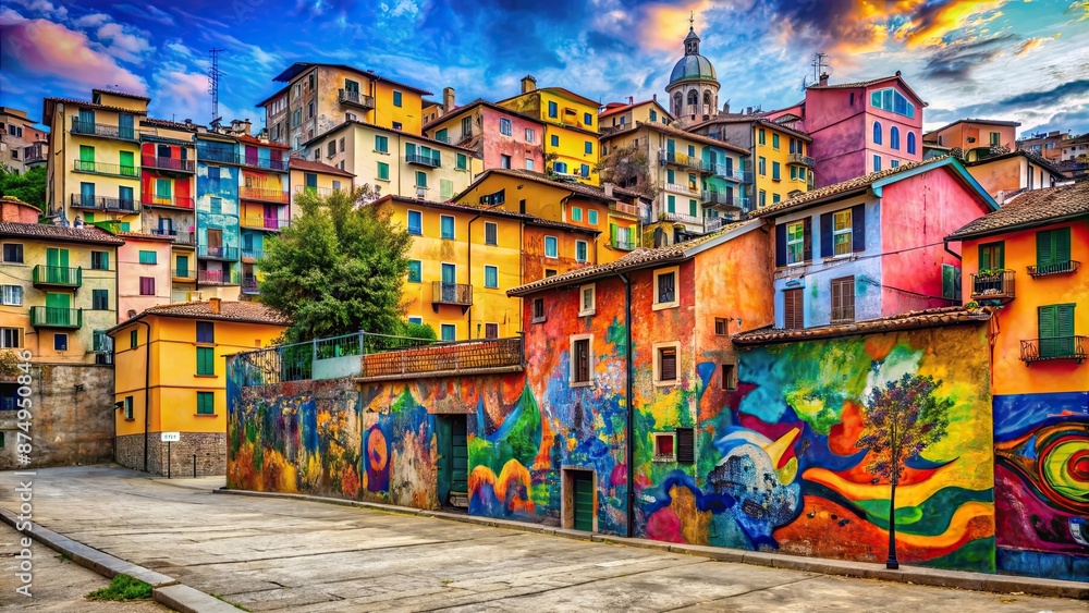 Fototapeta premium Vintage Italian cityscape featuring colorful graffiti wall art , Italy, vintage, cityscape, graffiti, wall art