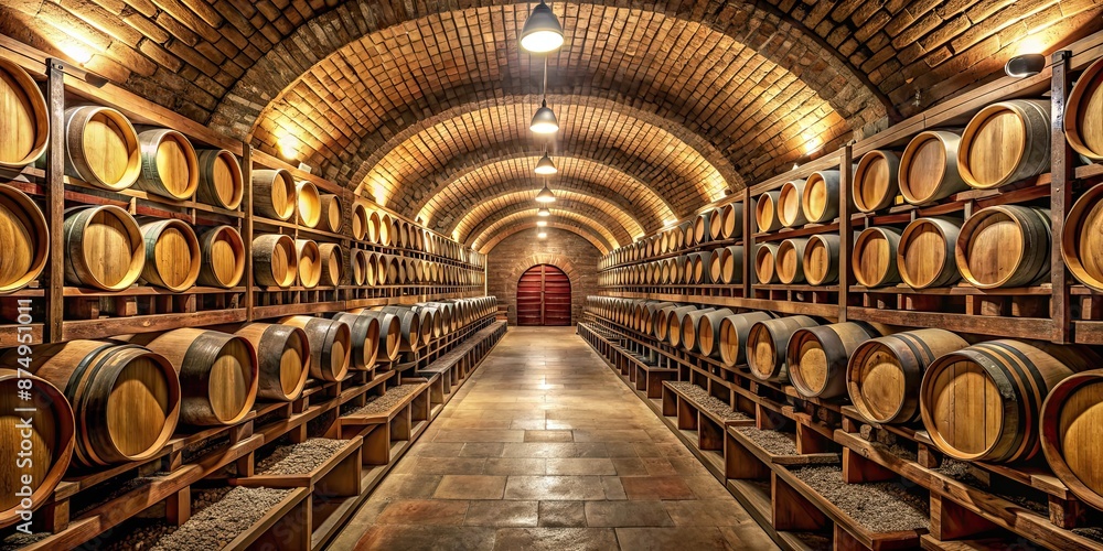 Obraz premium Narrow wine cellar with racks of wine and wooden barrels , wine, cellar, racks, wooden, barrels, alcohol, storage, vintage, winery