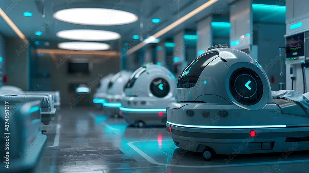 Futuristic Hospital Room with Automated Care Robots Enhancing Patient Comfort and Efficiency Futuristic Hospital Room with Automated Care Robots Enhancing Patient Comfort and Efficiency