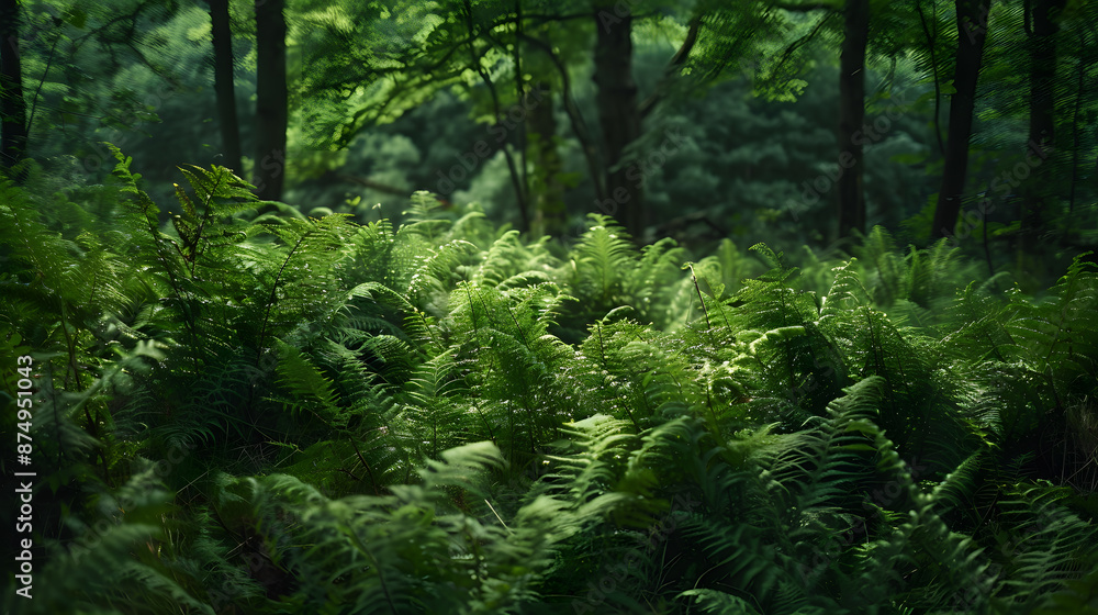 A lush green forest with a lot of ferns and leaves A lush green forest with a lot of ferns and leaves
