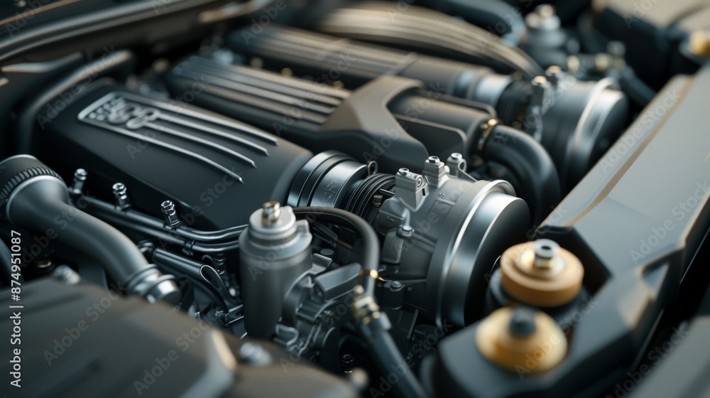 Car engine with detailed parts and components displayed. It emphasizes the sophistication and precision engineering under the hood. Car engine with detailed parts and components displayed. It emphasizes the sophistication and precision engineering under the hood.