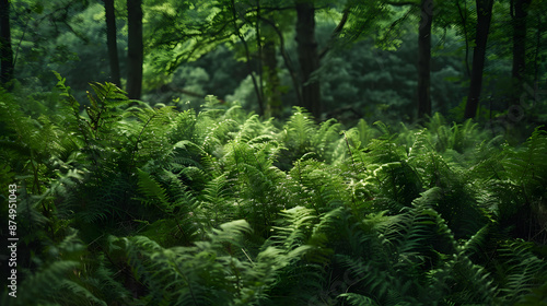 A lush green forest with a lot of ferns and leaves © JuroStock
