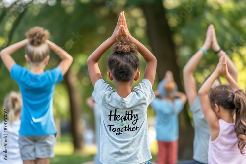 Children are actively engaged in yoga at the outdoor park, promoting a wholesome lifestyle. 