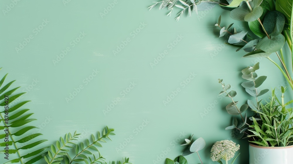 Green Leaves on Mint Background Green Leaves on Mint Background