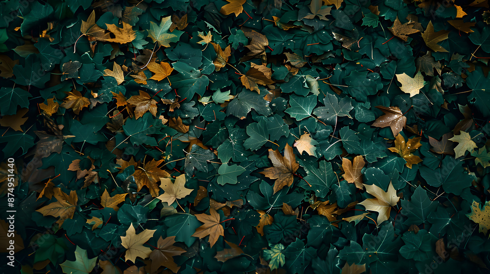 A close up of leaves on the ground with a green background A close up of leaves on the ground with a green background