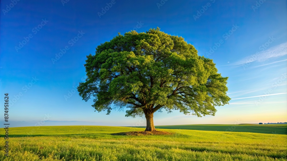 Obraz premium Tree standing in a field with clear blue sky above, nature, landscape, grass, field, sky, clear, sunny, outdoor, serene