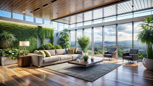 Modern living room with indoor garden and panoramic views , spacious, contemporary, interior design