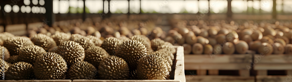Durian fruit harvested in wooden boxes in a warehouse. Natural organic fruit abundance. Healthy and natural food storing and shipping concept. Durian fruit harvested in wooden boxes in a warehouse. Natural organic fruit abundance. Healthy and natural food storing and shipping concept.