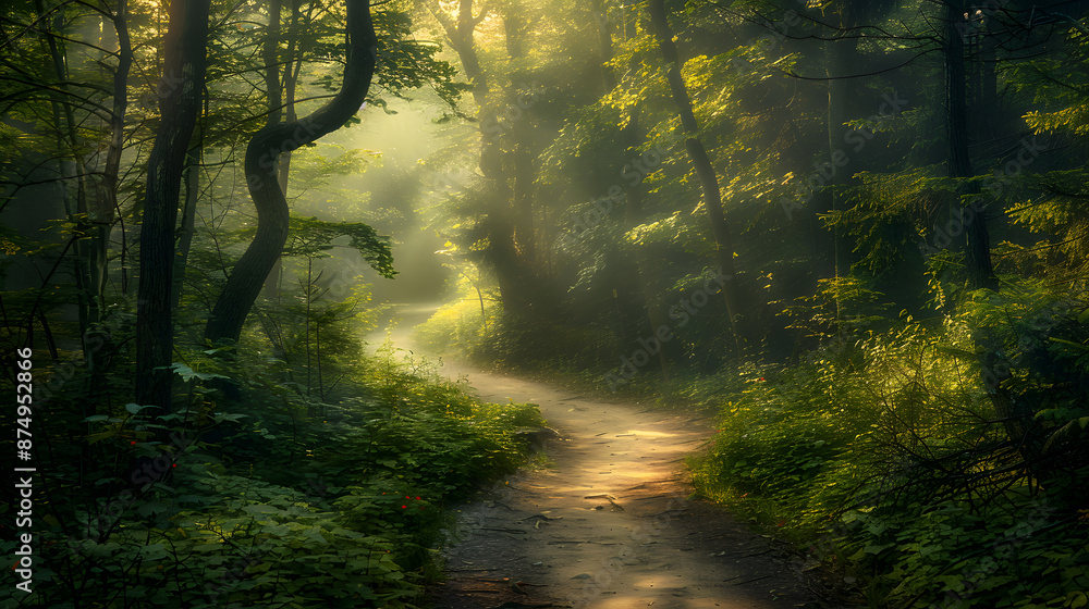 Obraz premium A forest path is shown in the dark with a few trees in the background