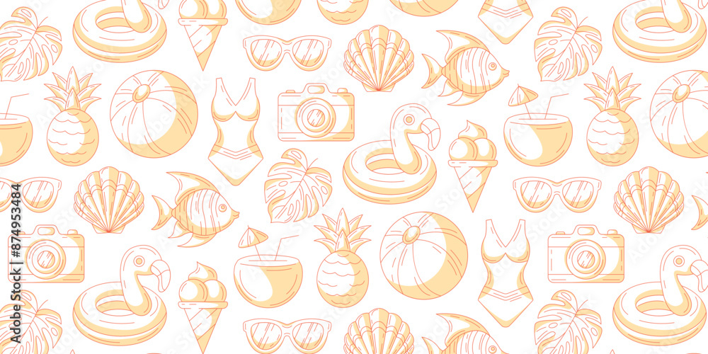 Fototapeta premium Monochrome orange summer seamless pattern with beach elements. Swimsuit, pineapple, tropical leaves, seashell, sunglasses, fish, flamingo, coconut cocktail. For cover, wrapping paper, textile print