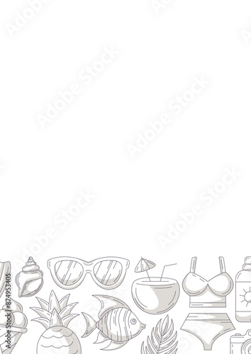 Summer vertical a4 poster, beach elements and accessories icons, minimalist monochrome gray. Bottom border frame, copy space, isolated on white. For card, flyer, banner, invitation, social media