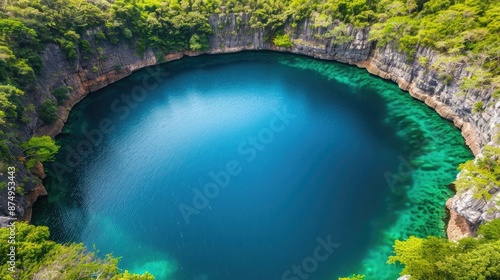 Aerial view of a stunning blue circular lake surrounded by lush green trees and rocky cliffs, showcasing nature's beauty. © nitnicha