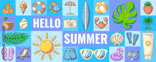 Geometric modern horizontal banner with summer beach colorful icons. Hello summer. Minimal abstract layout for poster, flyer, cover, brochure, party. Vector background, summertime fun concept