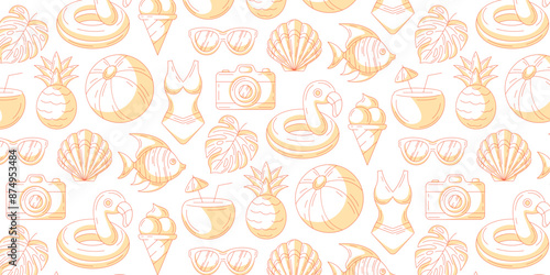 Monochrome orange summer seamless pattern with beach elements. Swimsuit, pineapple, tropical leaves, seashell, sunglasses, fish, flamingo, coconut cocktail. For cover, wrapping paper, textile print