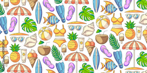 Colorful seamless summer pattern with beach elements and accessories. Swimsuit, flip flops, flippers, fish, surfboard, umbrella, coconut cocktail, pineapple. For cover, wrapping paper, textile print