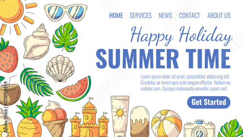 Summer beach elements and accessories. Sun, seashell, watermelon, sand castle, inflatable ball, camera, pineapple, coconut cocktail. Landing page vector template for website, web, online, banner, tour