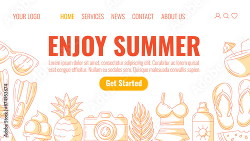 Summer beach elements and accessories, monochrome orange minimalist style. Sunglasses, flippers, pineapple, camera, coconut cocktail. Landing page vector template for website, web, online, banner