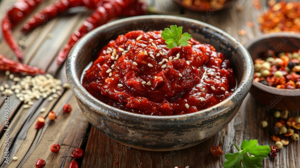 Gochujang (red chili paste) in bowl on wooden background, spicy and sweet fermented condiment in Korean food Gochujang (red chili paste) in bowl on wooden background, spicy and sweet fermented condiment in Korean food