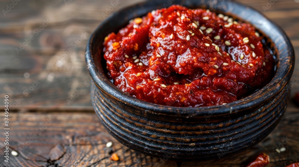 Gochujang (red chili paste) in bowl on wooden background, spicy and sweet fermented condiment in Korean food Gochujang (red chili paste) in bowl on wooden background, spicy and sweet fermented condiment in Korean food