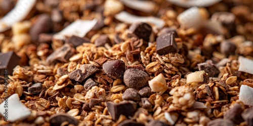 Close-up, macro granola, muesli, oats with nuts, coconut chips and chocolate drops