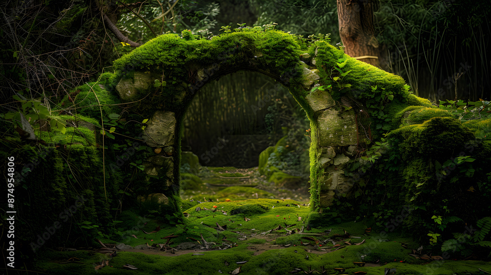 Fototapeta premium A moss covered archway in a dark forest