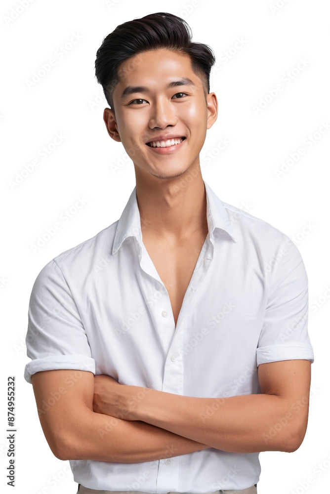 Handsome young asian man in a white shirt, smiling and looking at the camera, isolated, transparent background, no background. PNG. Handsome young asian man in a white shirt, smiling and looking at the camera, isolated, transparent background, no background. PNG.