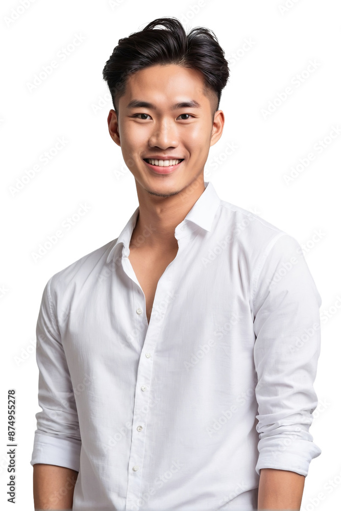 Handsome young asian man in a white shirt, smiling and looking at the camera, isolated, transparent background, no background. PNG. Handsome young asian man in a white shirt, smiling and looking at the camera, isolated, transparent background, no background. PNG.