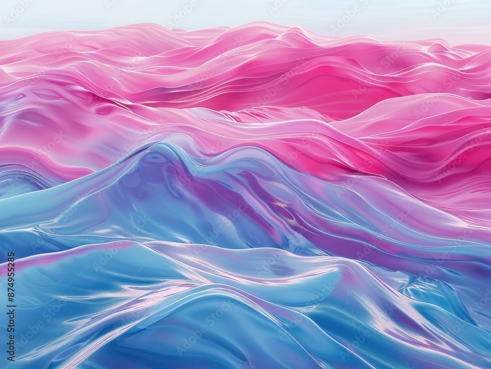 Obraz premium A mesmerizing blend of pink and blue waves in a fluid, flowing abstract art. The smooth, glossy textures create a dreamy, surreal landscape.