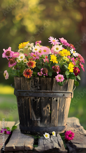 Rustic Wooden Bucket Filled with Fresh, Vibrant Flowers Under Afternoon Sunlight