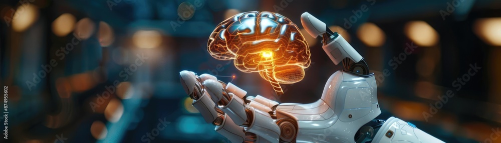 Robotic hand holding a digital brain, symbolizing the merger of AI and ...