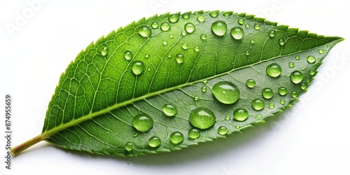 Green leaf with water droplets on a plain white background, green, leaf, nature, plant, organic, fresh, ecology
