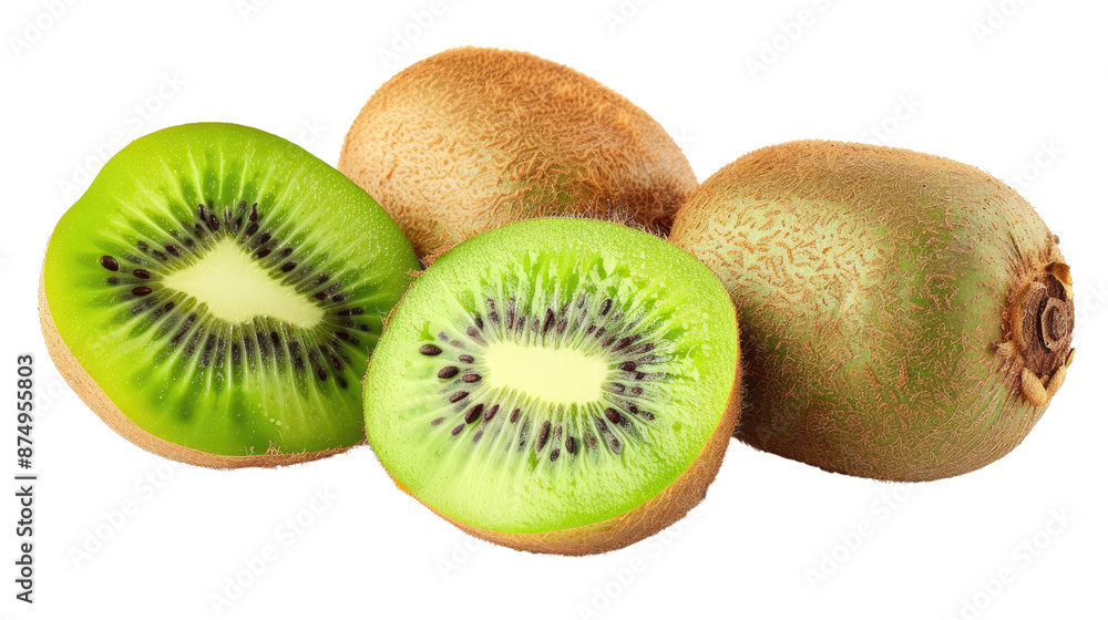 Exotic kiwis isolated on white background, whole and halved Exotic kiwis isolated on white background, whole and halved