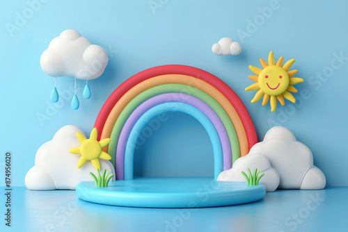 3d round podium with rainbow, clouds and sun.