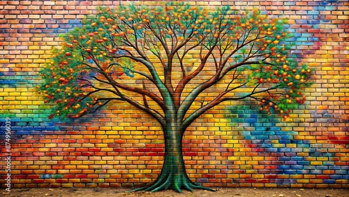 Graffiti tree artwork painted on a brick wall , street art, graffiti, urban, tree, mural, creative, artwork