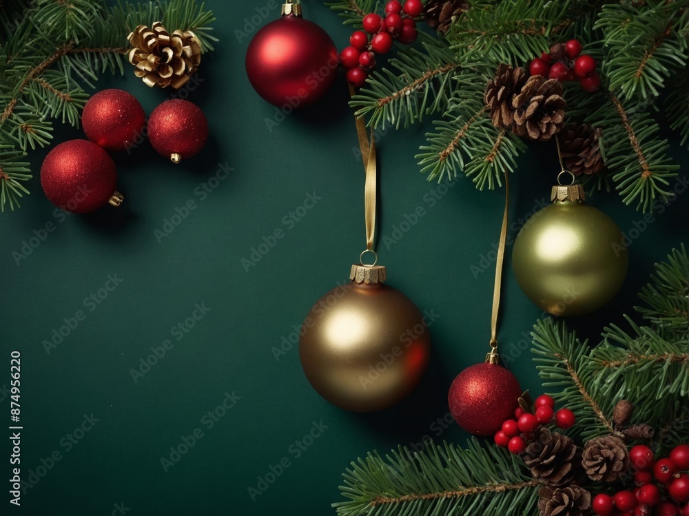 Naklejka premium Vintage Christmas vertical background with festive baubles, fir branches, decorations on dark green background Flat lay, top view, copy space.
